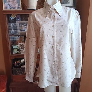 Vintage 1980s Womens Western Shirt Large Secretary Nylon Sears Tan sz 14 Floral